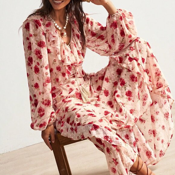 Apricot Boho Women's Bohemian Floral Print Ruffle Trim Long Sleeve Dress - Picture 7 of 8